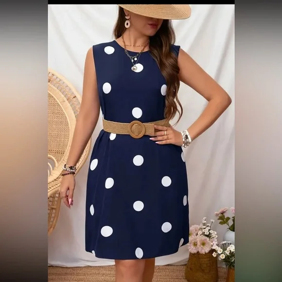 Women’s Navy Blue & Large White Polka Dot Sleeveless Dress. Various Sizes - Picture 3 of 4